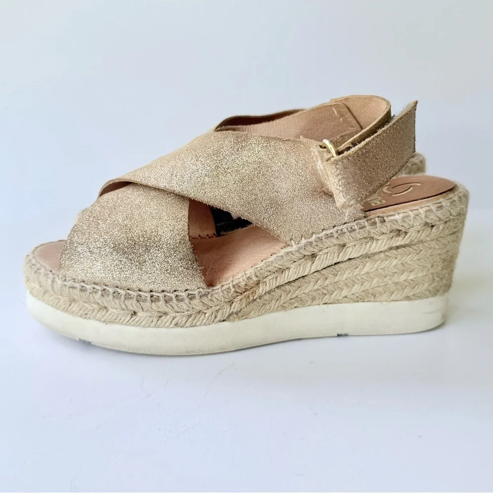 Kanna Gold Metallic Nubuck Suede Crossover Platform Wedge Espadrille Sandal 8
